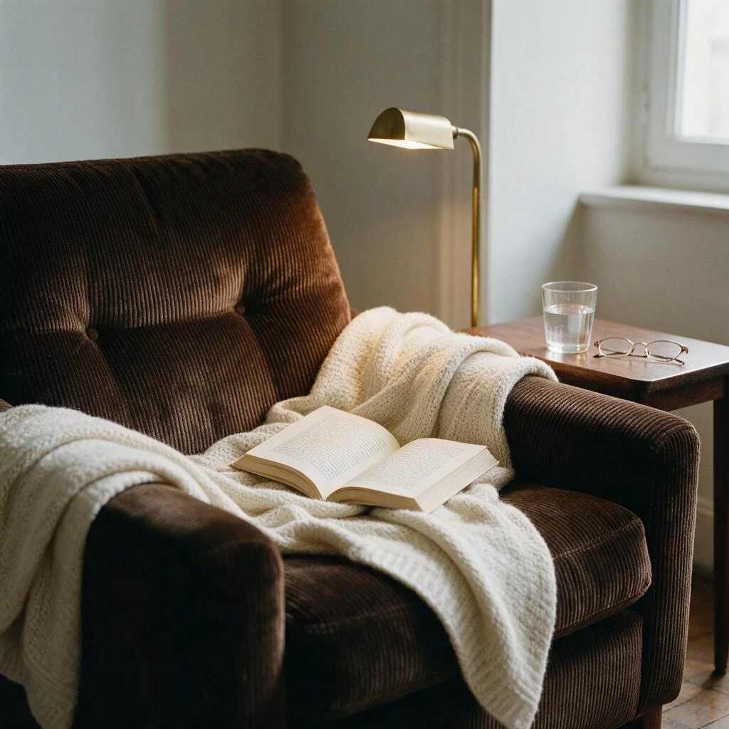 Fauteuil en velours côtelé avec plaid, livre ouvert et lampe liseuse en laiton près d'une fenêtre