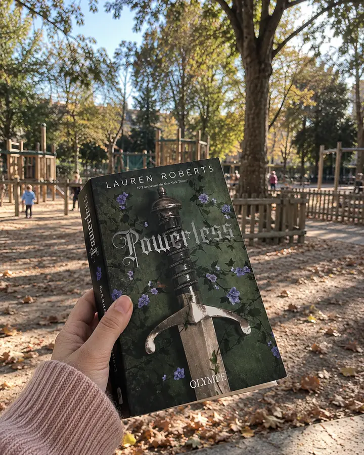 Roman tenu à la main dans un parc en automne