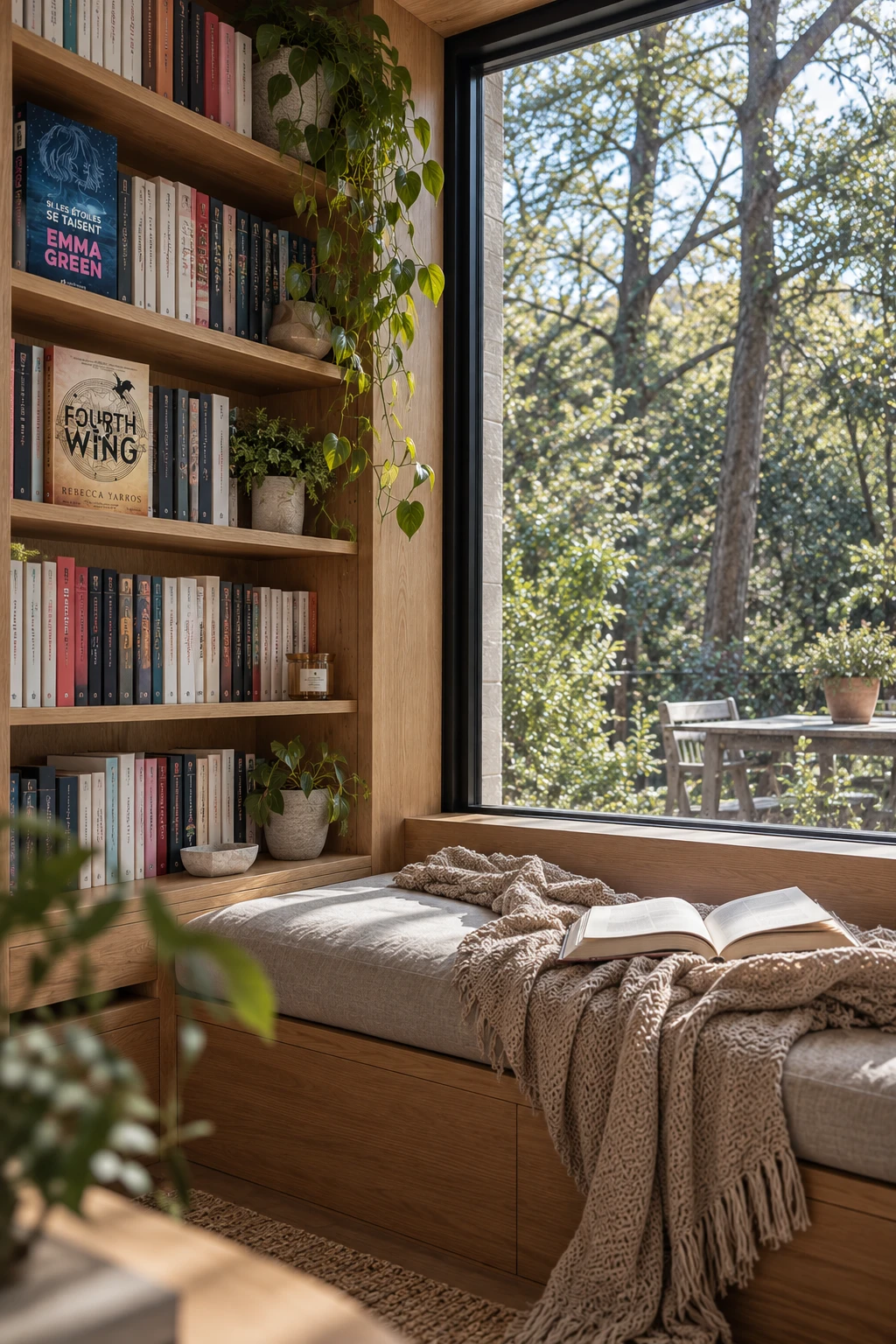 Banquette de lecture près d’une grande fenêtre, avec bibliothèque, plaid et livre ouvert