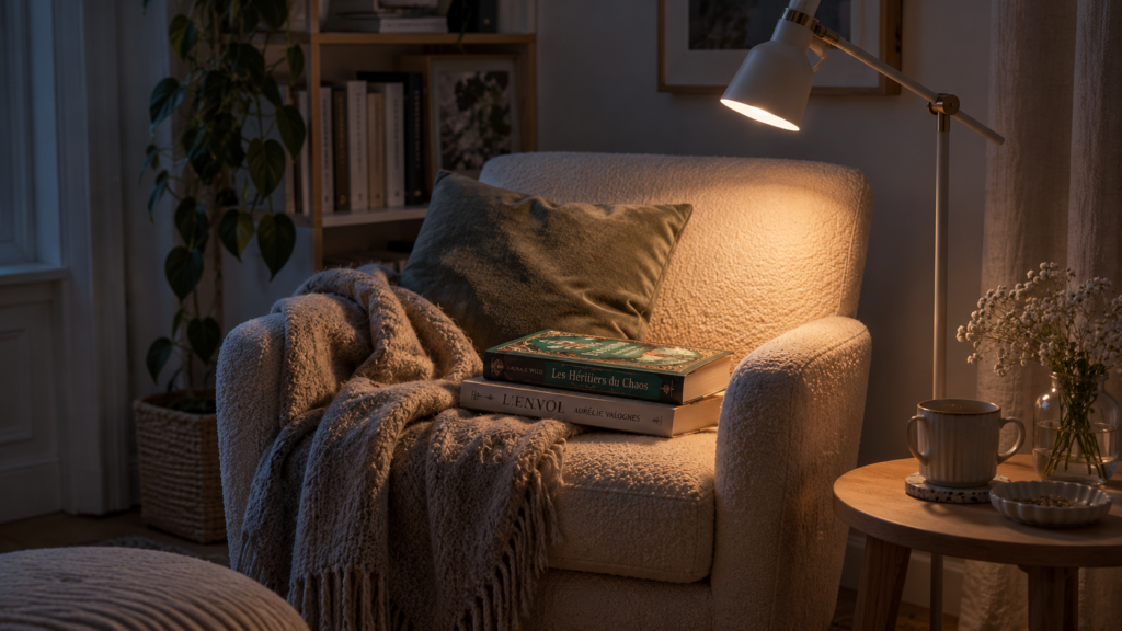 Lampe de lecture orientable sur pied éclairant un fauteuil, un plaid et une pile de livres le soir