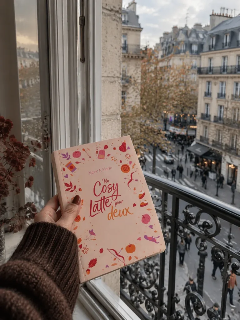 Roman tenu devant une fenêtre ouverte sur une rue de Paris en automne